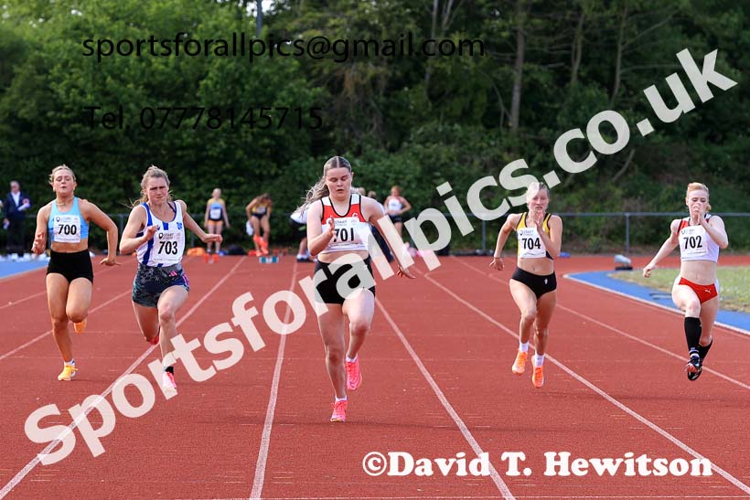 Womens under-20s 100 metres, 2025 North Eastern Track and Field Champs., Shildon, County Durham. Photo: David T. Hewitson/Sports for All Pics